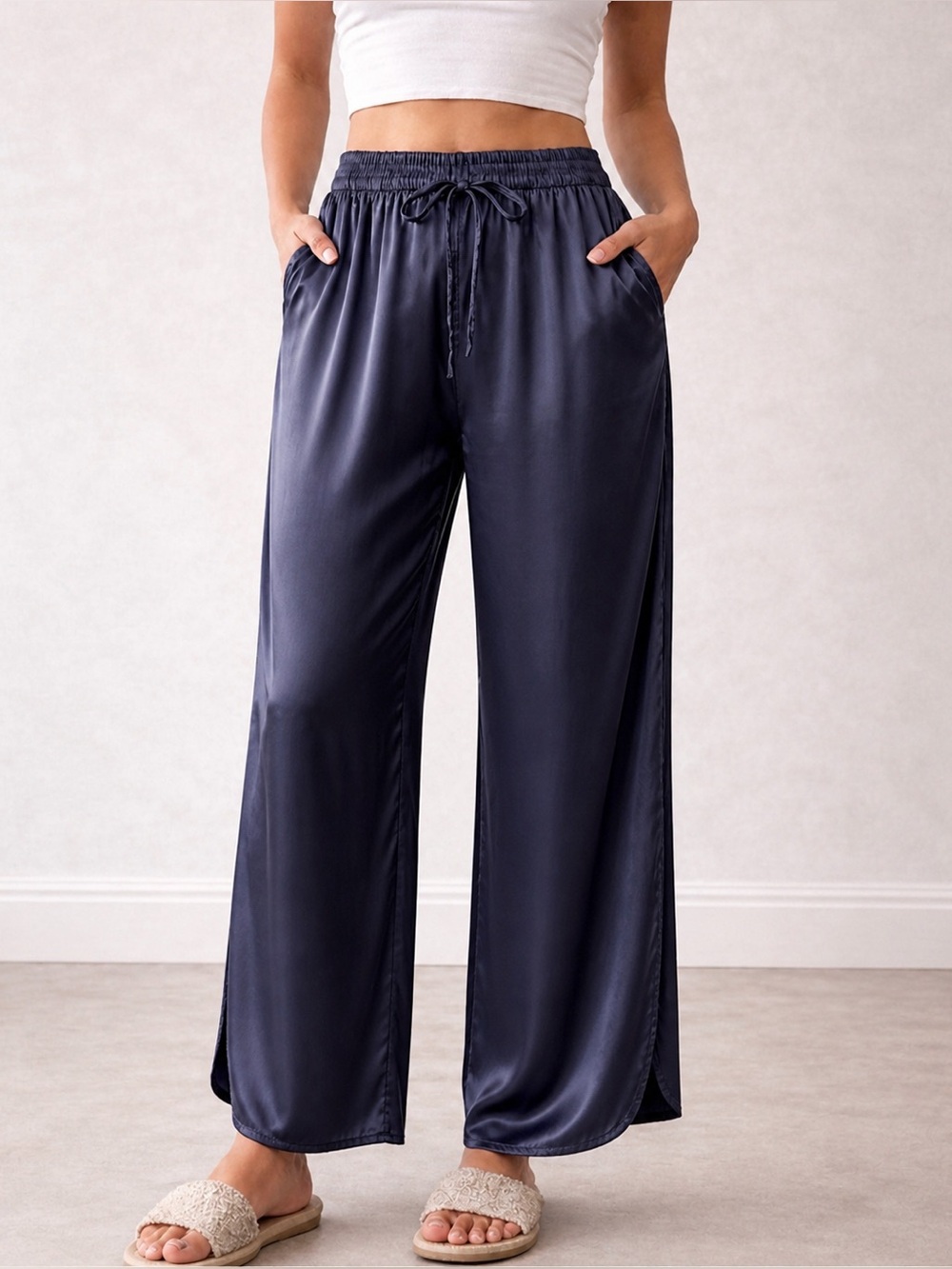 Greek Archaic Silky Navy Cropped Drawstring Pants